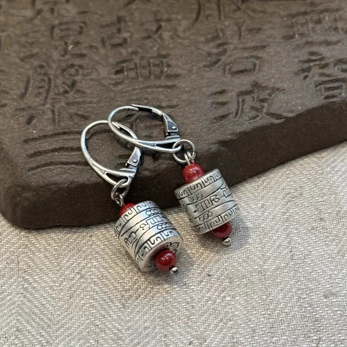 Talisman Bucket Beads 925 Silver Earrings New Tibetan Retro Old Elegant Ethnic Style Festive and Safe Versatile Earrings
