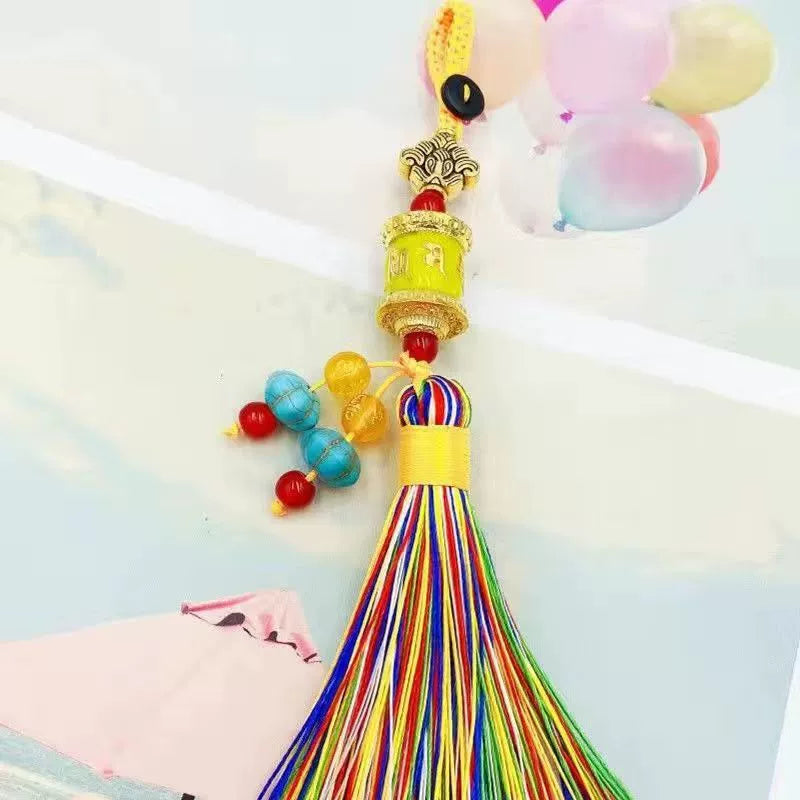 Tibetan Six-character Mantra Ten-color Painted Key Ring, Colored Fringed Car Mobile Phone Bag Keychain, Decorative Pendant