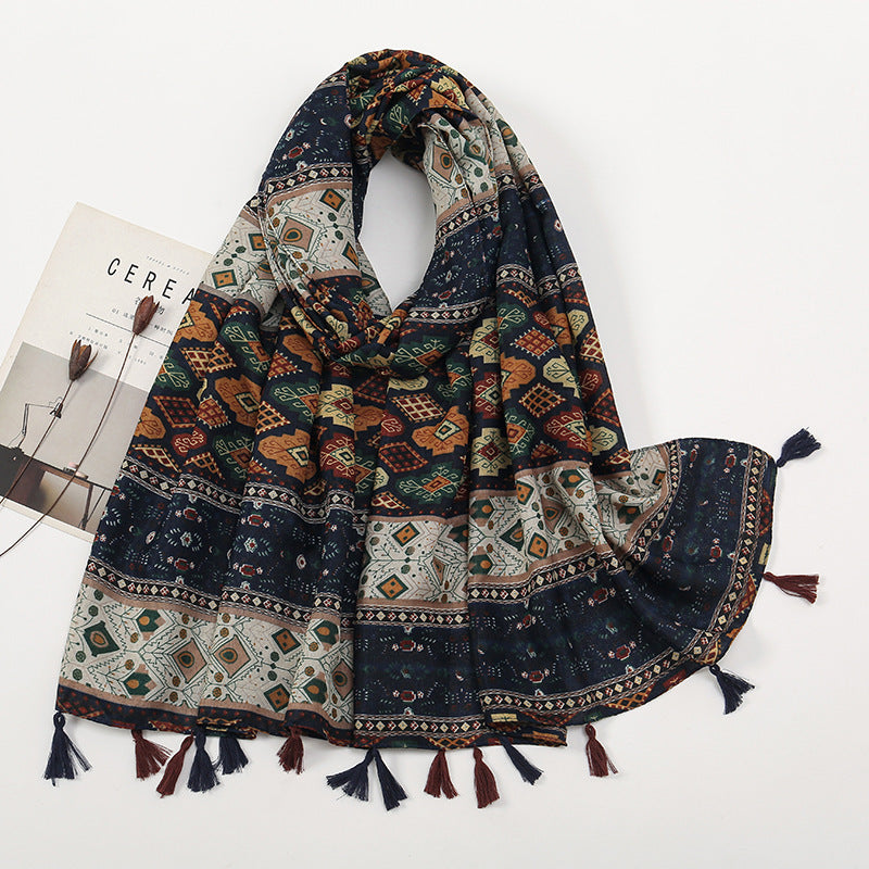 New Etro Color Matching Small Floral Long Towel Cotton and Linen Scarf with Decorative Shawl
