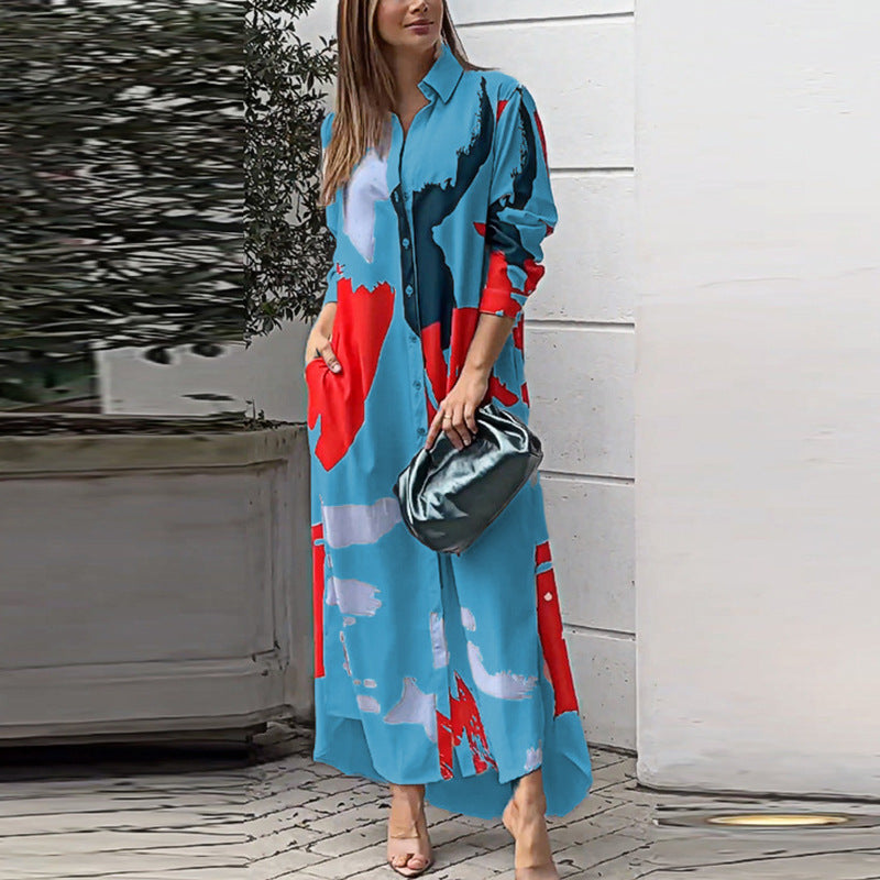 Women's Clothing on The New Fashion Casual Printing Loose Split Shirt Dress