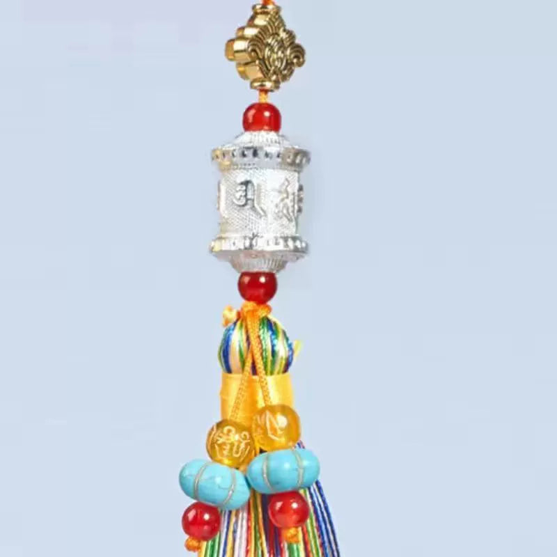 Tibetan Six-character Mantra Ten-color Painted Key Ring, Colored Fringed Car Mobile Phone Bag Keychain, Decorative Pendant