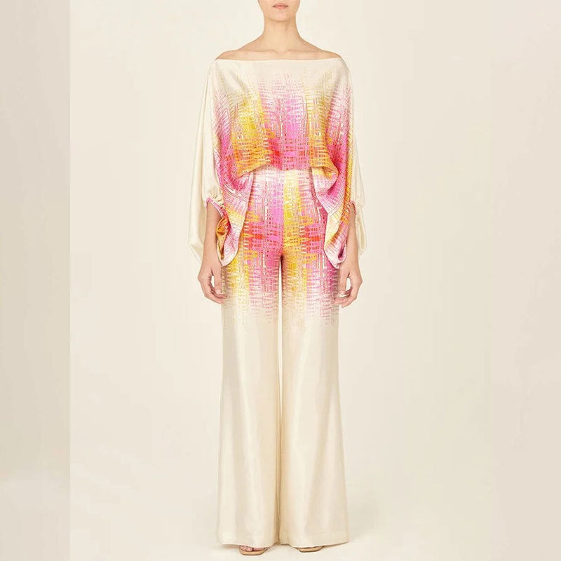 2025 Spring New Suit Printed Round Neck Loose Bat Sleeve Waist Wide Leg Pants Fashion Suit