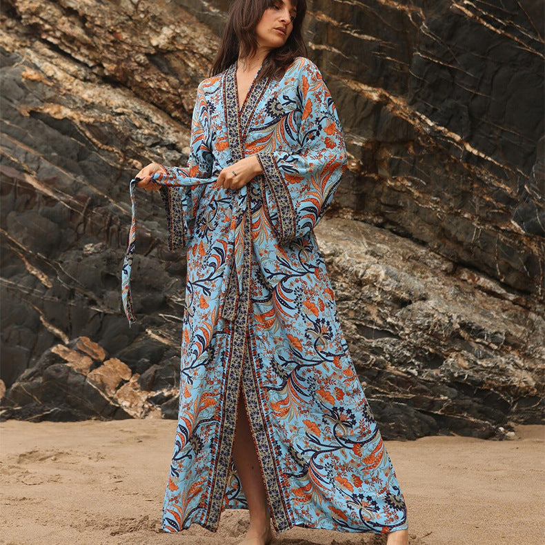 New Blouse Summer Cotton Printing Thin Blouse Bikini Summer Sunscreen Blouse Boho Kimono