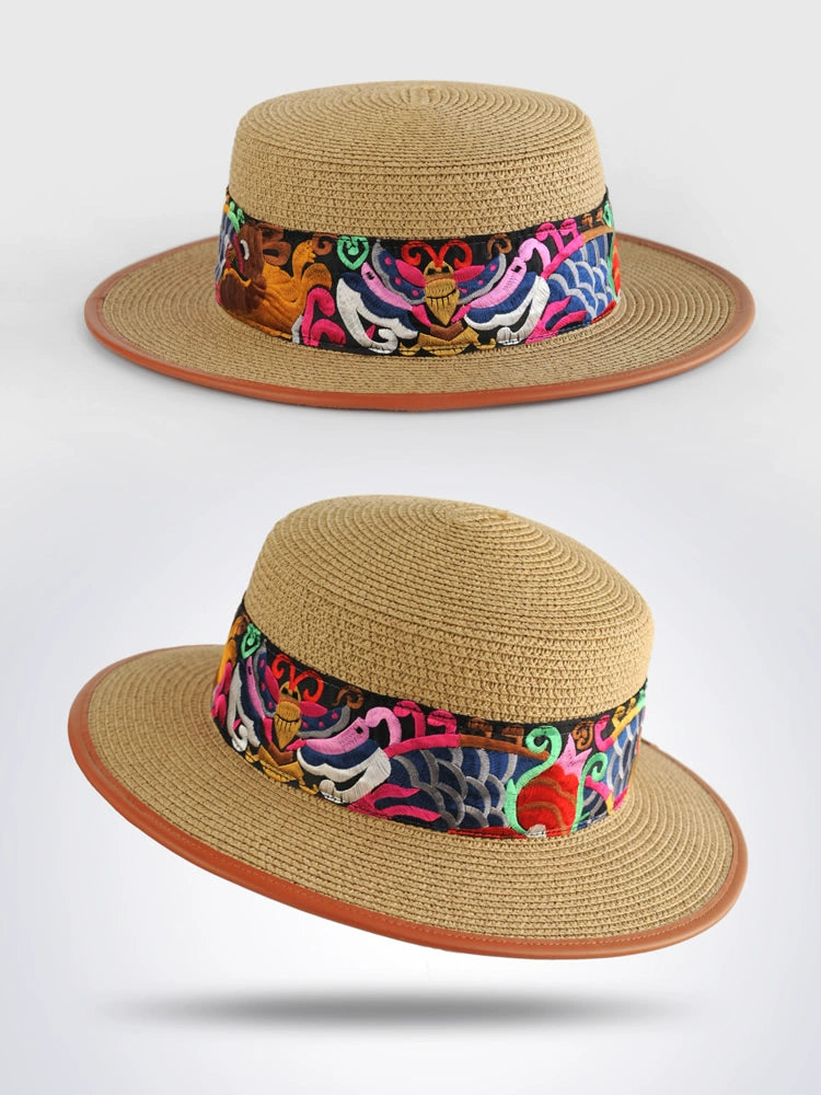 Straw Hat Retro Ethnic Style Embroidery Flower Beach Hat Spring and Summer Basin Hat