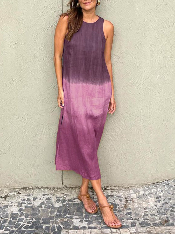 Women's Clothing Europe and The United States Summer Women's Casual Cotton and Linen Sleeveless Slit Gradual Change Dress