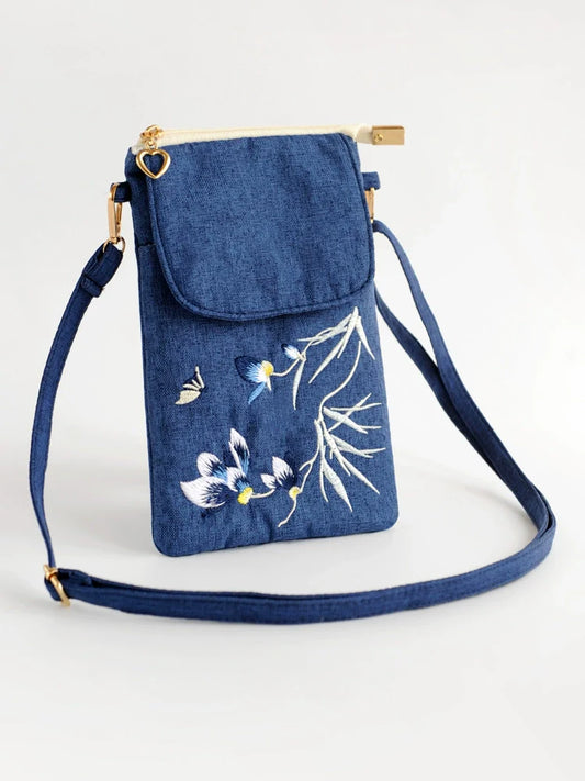 Embroidery Flower Bag Women's Cotton and Linen Cloth Messenger Bag Small Bag Change Bag Close-fitting Mobile Phone Bag Ethnic Style Mobile Phone Bag