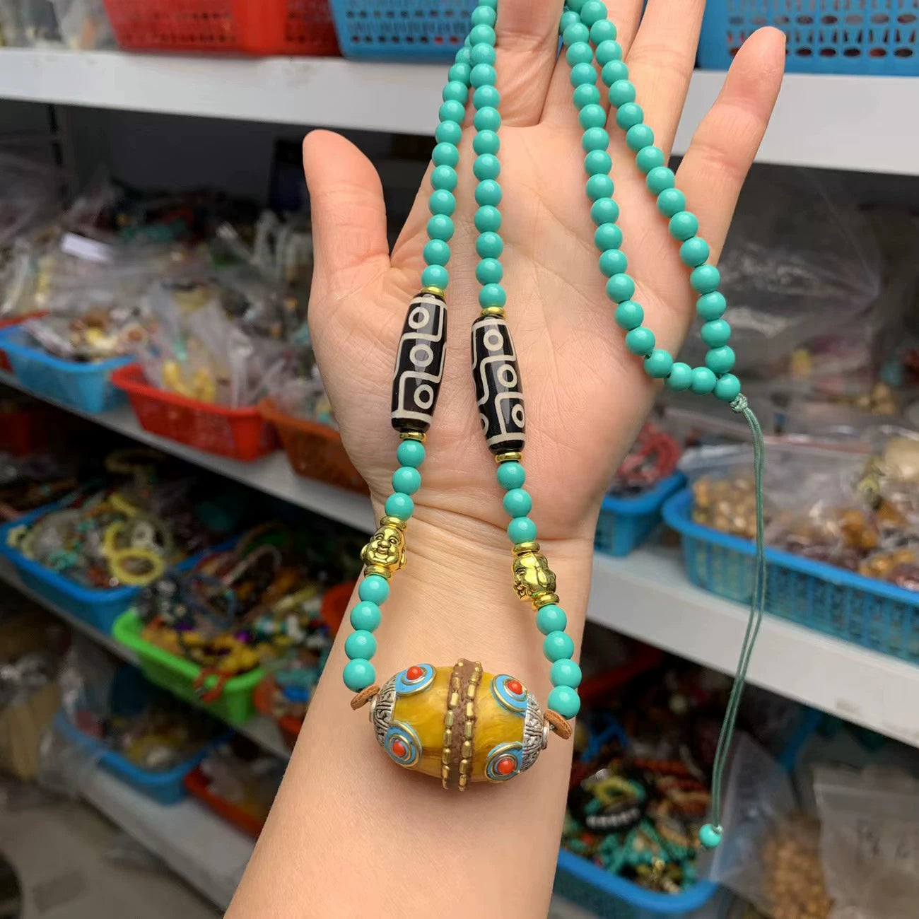 New Tibetan Ethnic Style Handmade Beeswax Turquoise Inlaid Nepalese Accessories Neck Hanging Sweater Chain