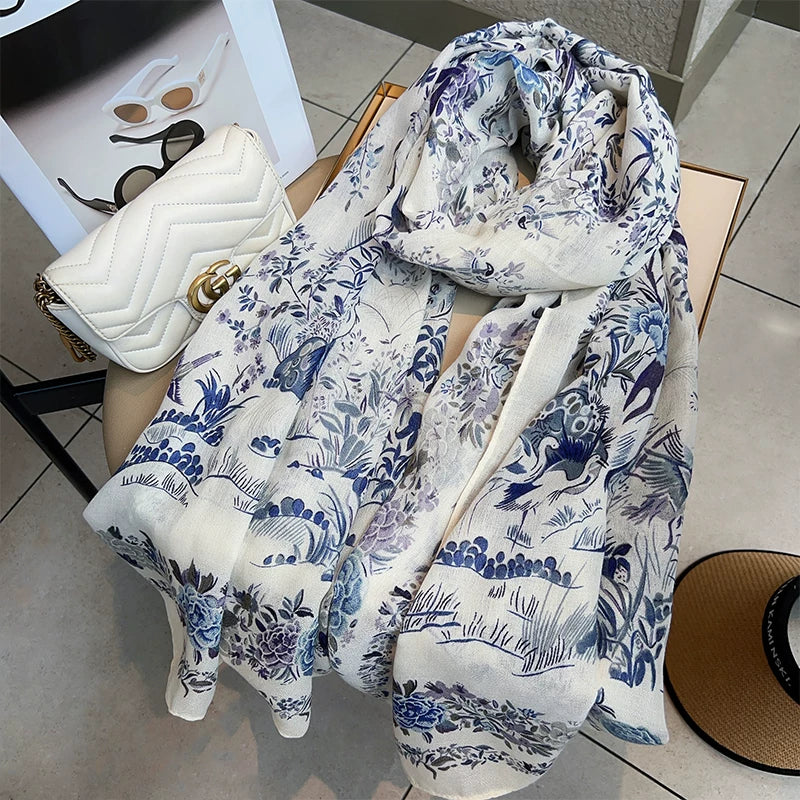 Cotton and Linen Scarf Female Original Design Birds and Flowers Pastoral Style Versatile Warm and Beautiful Neck Shawl Spring and Autumn New