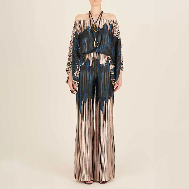 2025 Spring New Suit Printed Round Neck Loose Bat Sleeve Waist Wide Leg Pants Fashion Suit