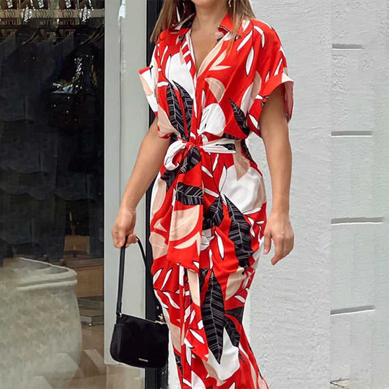 Women's Printed Polo Collar Short Sleeve High Waist Long Shirt Dress