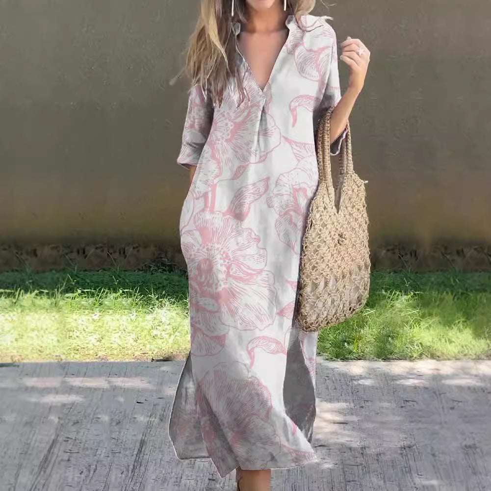 New Casual Summer Loose Skirt Slit V-neck Print Imitation Hemp Dress Cotton