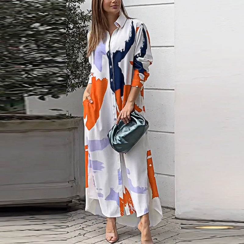 Women's Clothing on The New Fashion Casual Printing Loose Split Shirt Dress