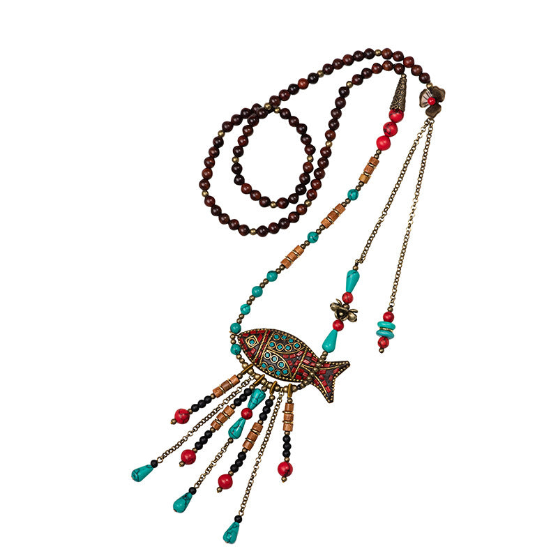 Nepal Retro Ethnic Style Long Necklace Sweater Chain Tibetan Beaded Fringed Necklace