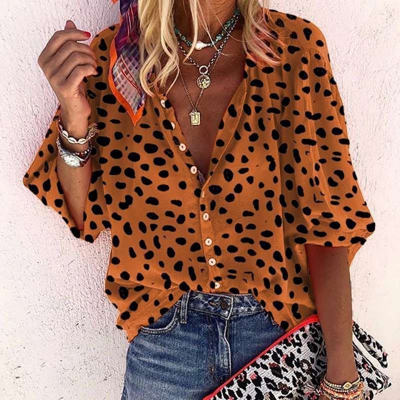 New Women's 5/4 Sleeve Women's Leopard Pattern Casual Suit Collar Shirt