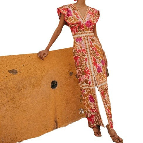 New V-neck Feifei Sleeve Split Dress High Waist Backless Long Dress Celebrity Style