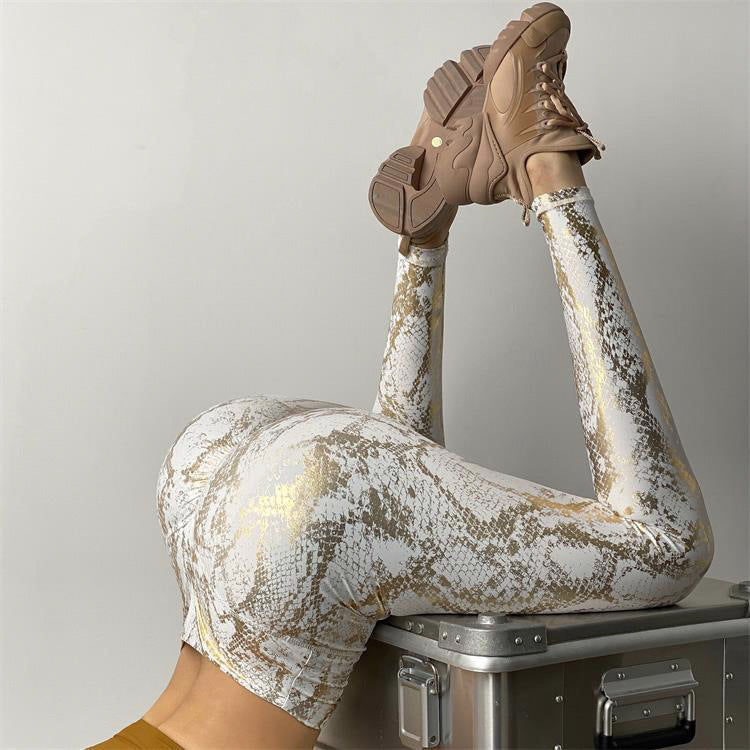 Tight Elastic Hot Stamping Yoga Pants with Patterned Peach Buttocks Fitness Pants, High Waisted Slimming Sports Pants