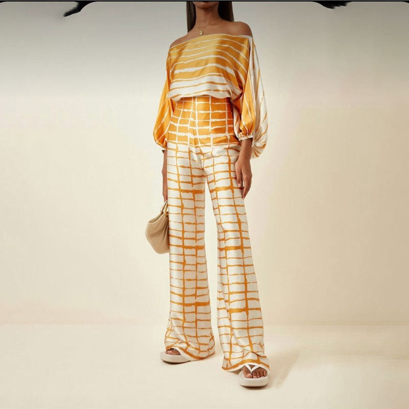 2025 Spring New Suit Printed Round Neck Loose Bat Sleeve Waist Wide Leg Pants Fashion Suit