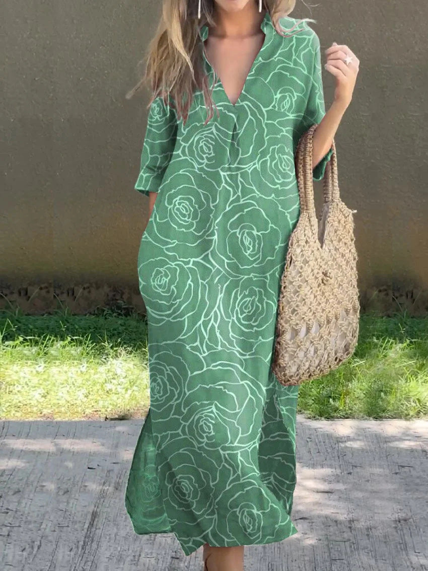 New Casual Summer Loose Skirt Slit V-neck Print Imitation Hemp Dress Cotton
