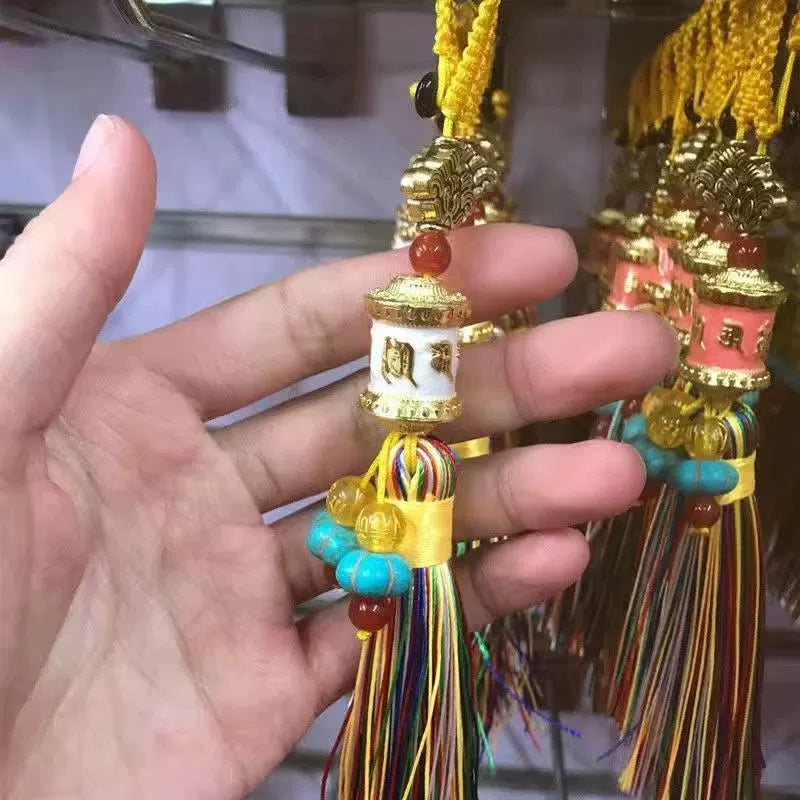 Tibetan Six-character Mantra Ten-color Painted Key Ring, Colored Fringed Car Mobile Phone Bag Keychain, Decorative Pendant