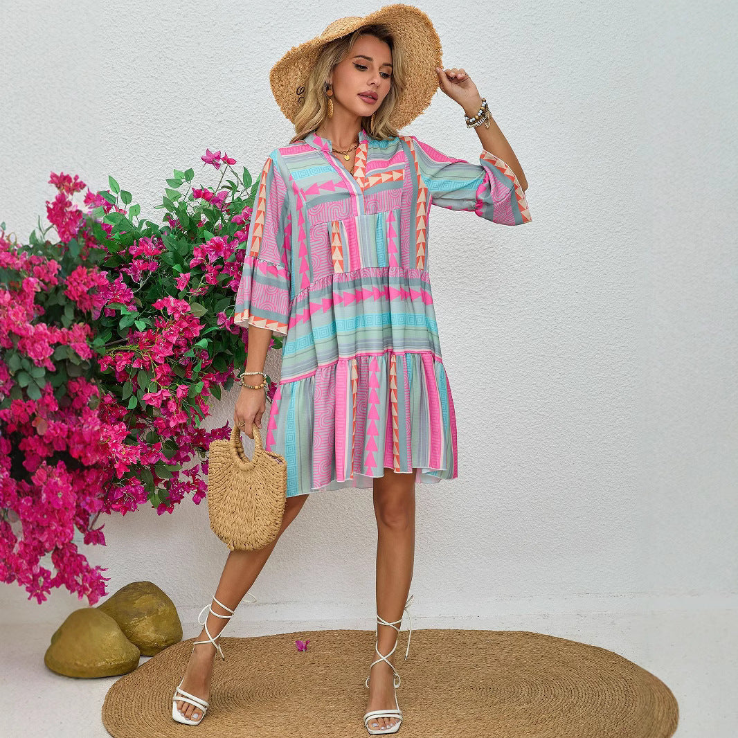 Women's Clothing New Spring and Autumn Printing V-neck Seven-quarter Sleeve Dress