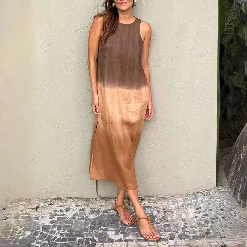 Women's Clothing Europe and The United States Summer Women's Casual Cotton and Linen Sleeveless Slit Gradual Change Dress