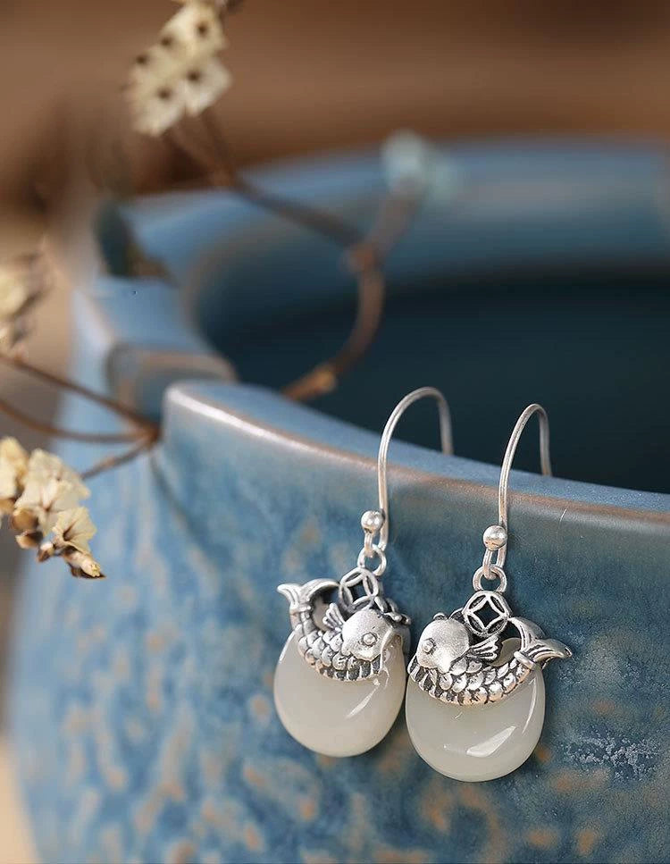 925 Silver Needle White Jade Retro Ruyi Ping An Buckle Personalized Koi Fish Ladies Earrings