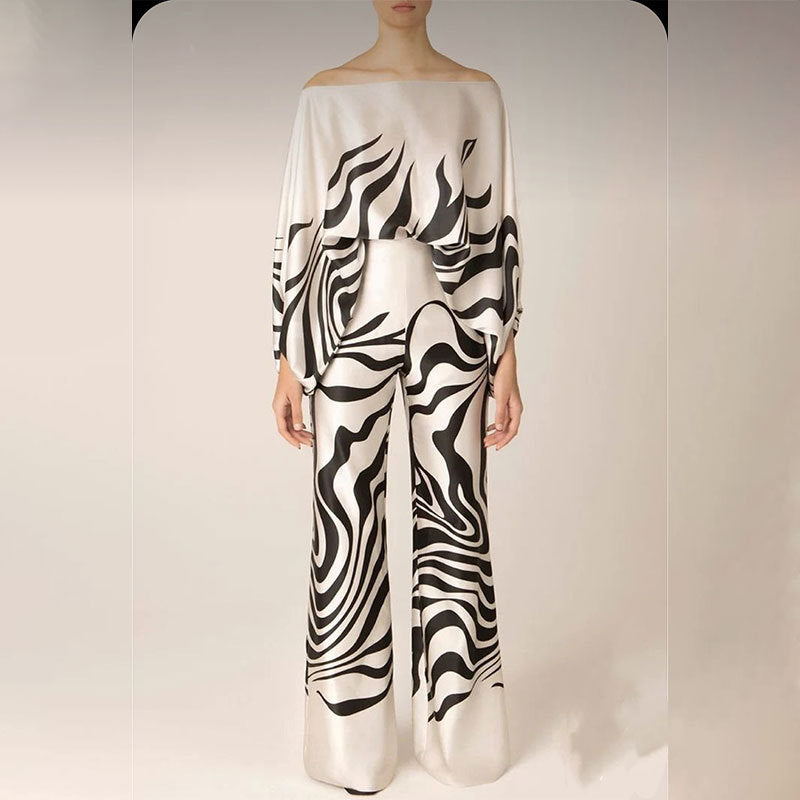 2025 Spring New Suit Printed Round Neck Loose Bat Sleeve Waist Wide Leg Pants Fashion Suit
