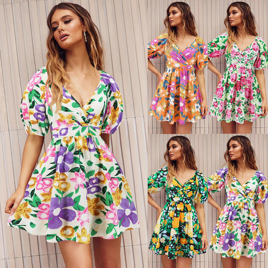 Women‘s Wear Summer New V-neck Printed Beach Lantern Sleeve Short Dress