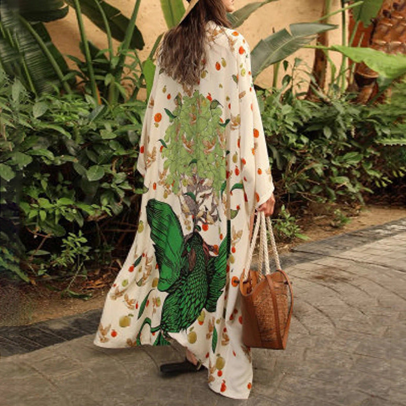Printed Long Sun Protection Cardigan for Women's Swimwear, Paired with Bikini Cover Up for Women's Vacation Beach