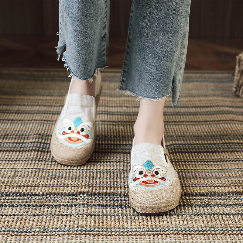 Embroidered Shoes Linen Shoes, Shallow Single Shoes, Craft Sewing Thread Tiger Head Lion Shoes