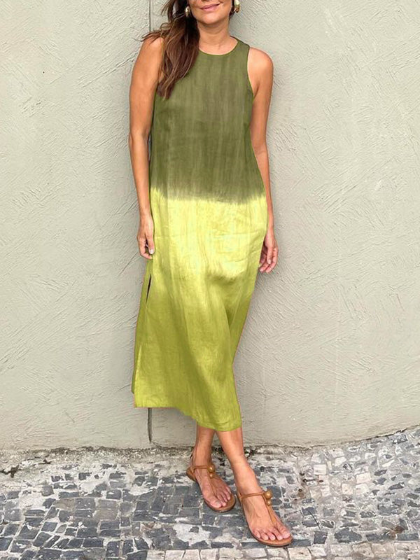 Women's Clothing Europe and The United States Summer Women's Casual Cotton and Linen Sleeveless Slit Gradual Change Dress