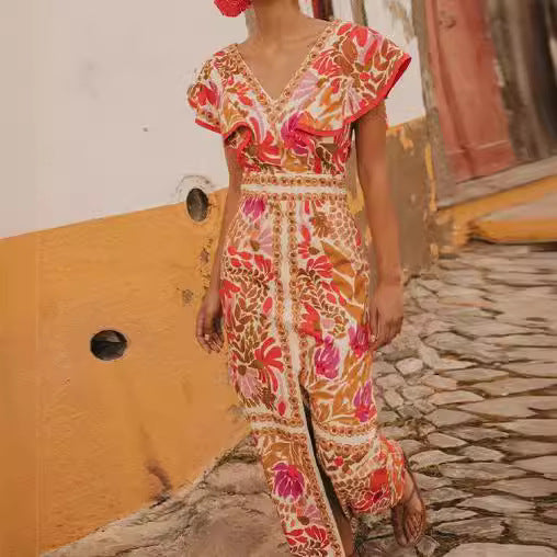 New V-neck Feifei Sleeve Split Dress High Waist Backless Long Dress Celebrity Style