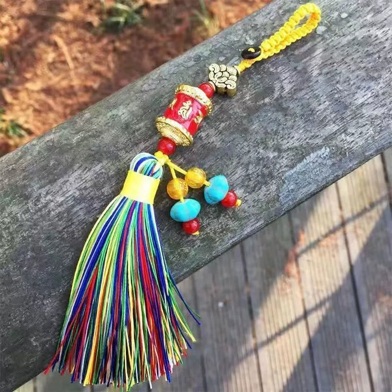 Tibetan Six-character Mantra Ten-color Painted Key Ring, Colored Fringed Car Mobile Phone Bag Keychain, Decorative Pendant