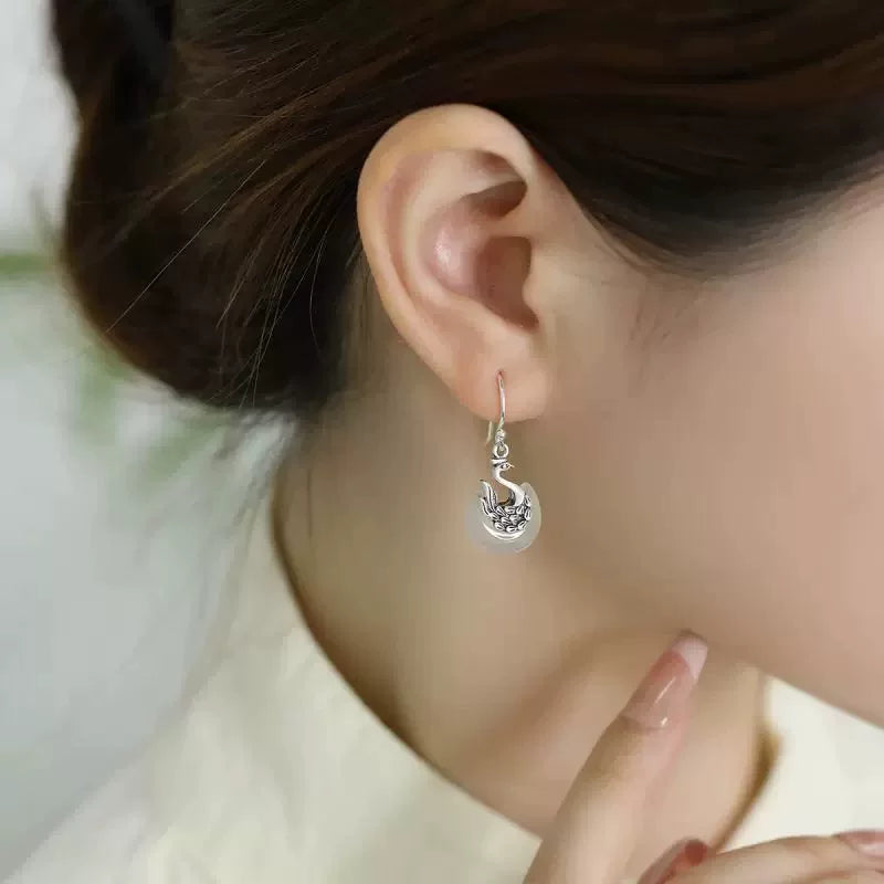 Retro 925 Silver Phoenix Chalcedony Earrings New Light Luxury Old Niche Ethnic Style High-end Versatile Earrings
