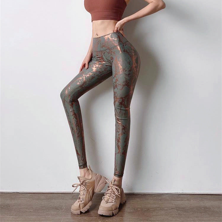 Tight Elastic Hot Stamping Yoga Pants with Patterned Peach Buttocks Fitness Pants, High Waisted Slimming Sports Pants