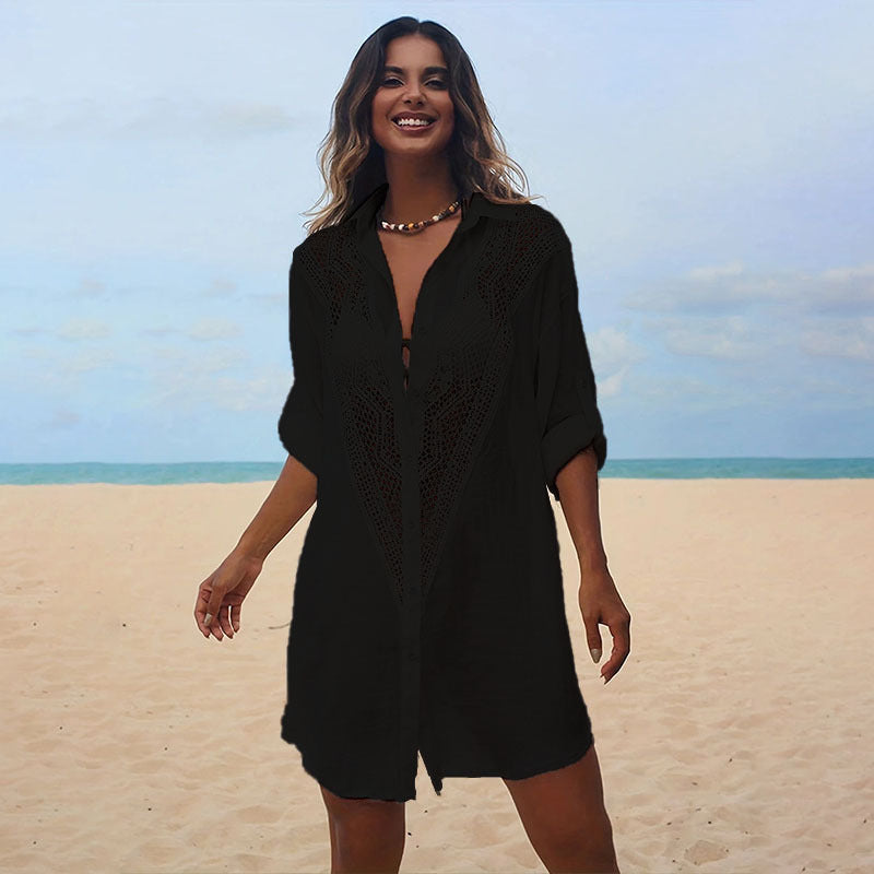 Lace Spell Bamboo Shirt Beach Blouse Sexy Hollow Sunscreen Bikini Blouse Cover Up