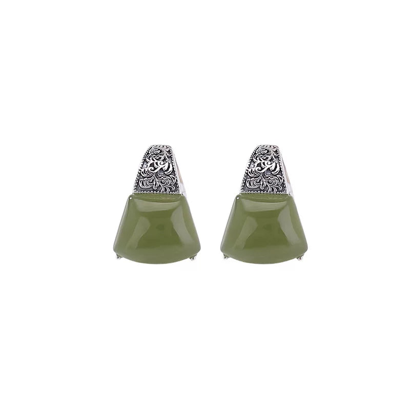 Vintage 925 Silver Tang Grass Pattern Fan-shaped Hetian Sapphire Stud Earrings Women's New Niche High-end Temperament Earrings