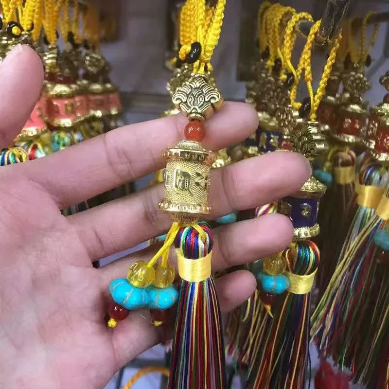 Tibetan Six-character Mantra Ten-color Painted Key Ring, Colored Fringed Car Mobile Phone Bag Keychain, Decorative Pendant