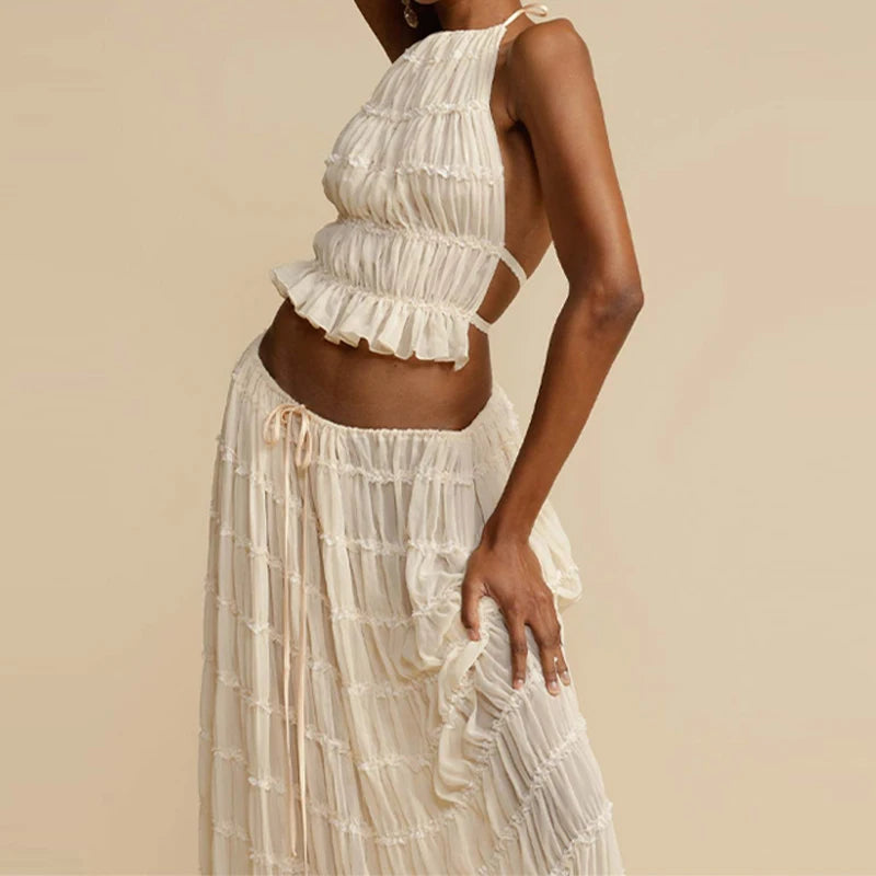 Pleated Crop Tops Long Skirt Suit Women Halter Sleeveless Backless Skirts Set 2024 Summer Ladies Sexy 2 Piece Set Beach Outfit