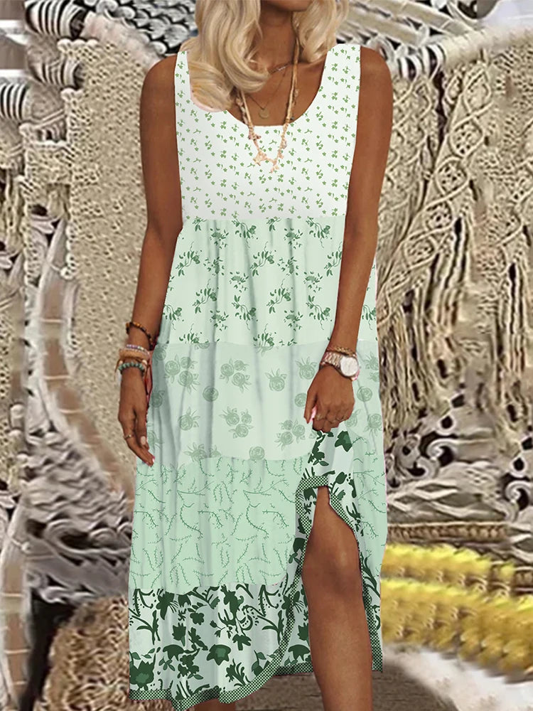 Plus Size Casual Women Summer Midi Dress 5XL Large Size Floral Print Sleeveless Crewneck A Line Boho Beach Dresses