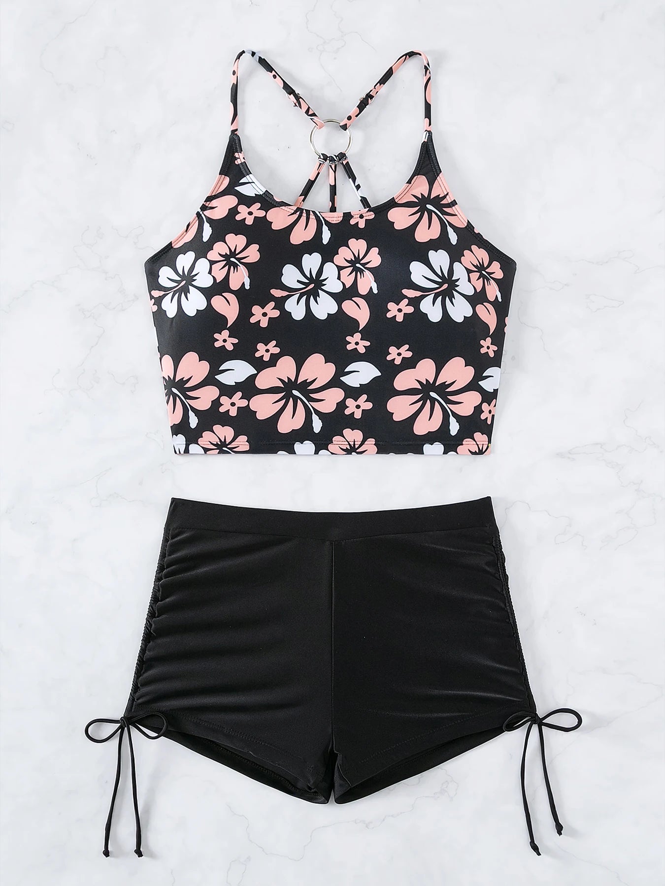 Printed Flower Tankini Set Girl Swimwear Adjustable Strap Vest Bra Female Flower Shorts Bikini Drawstring Women Beach Set