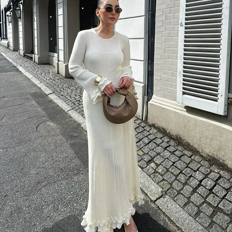 Ruffles Pleated Loose Long Dress Women Autumn Winter Fashion White O emogogo Ruffles Pleated Loose Long Dress Women Autumn Winter Fashion White O emogogo
