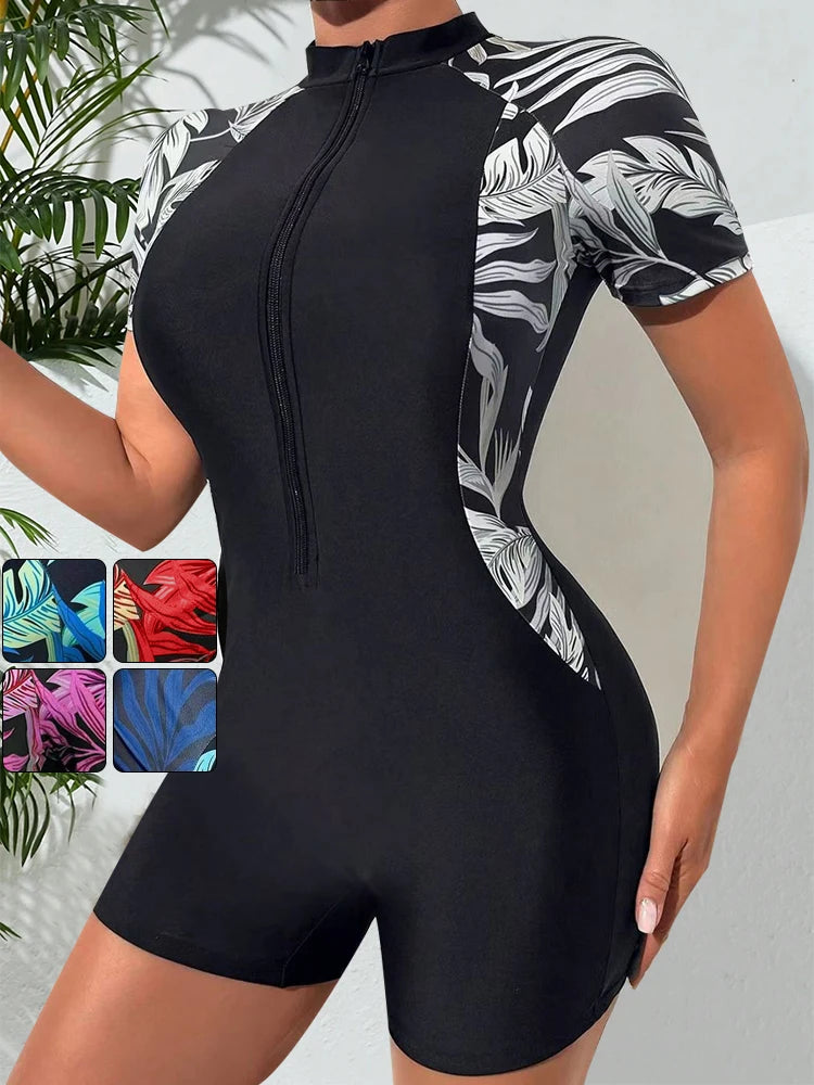 One Piece Floral Swimwear Swim Suit Women Short Sleeve Swimsuit Zip Front Tropical Plant Surfing Sun Protection(No built-in bra)