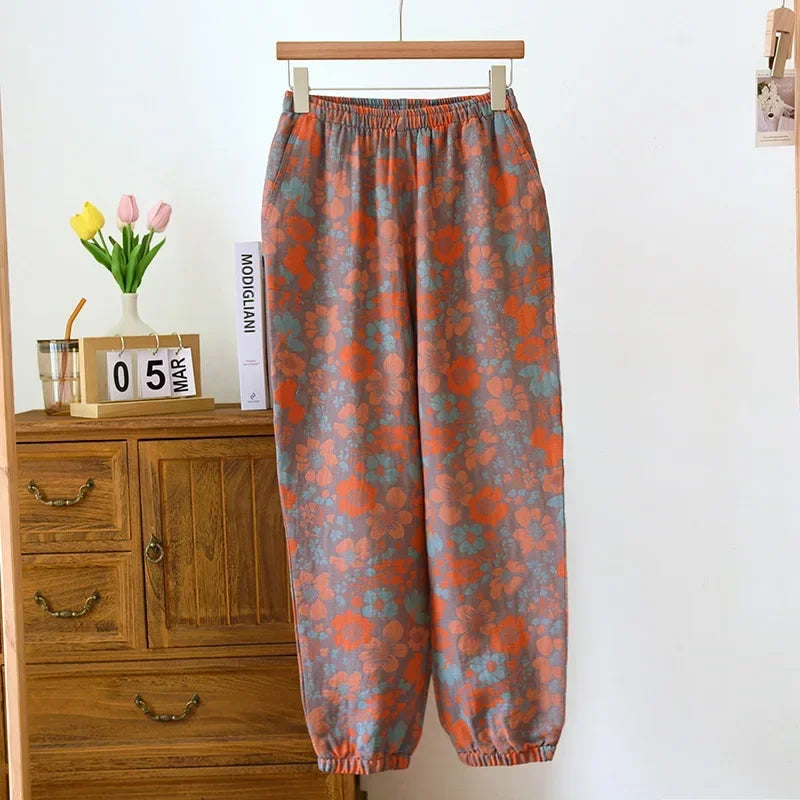 2025 New Spring Summer Women's Pajamas 100% Cotton Crepe Pants Women's Comfortable Loose Large Leaf Home Pants Thin bottoms