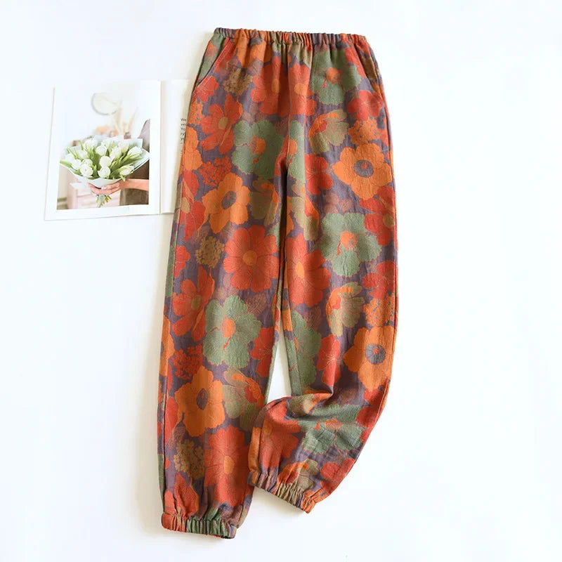 2025 New Spring Summer Women's Pajamas 100% Cotton Crepe Pants Women's Comfortable Loose Large Leaf Home Pants Thin bottoms