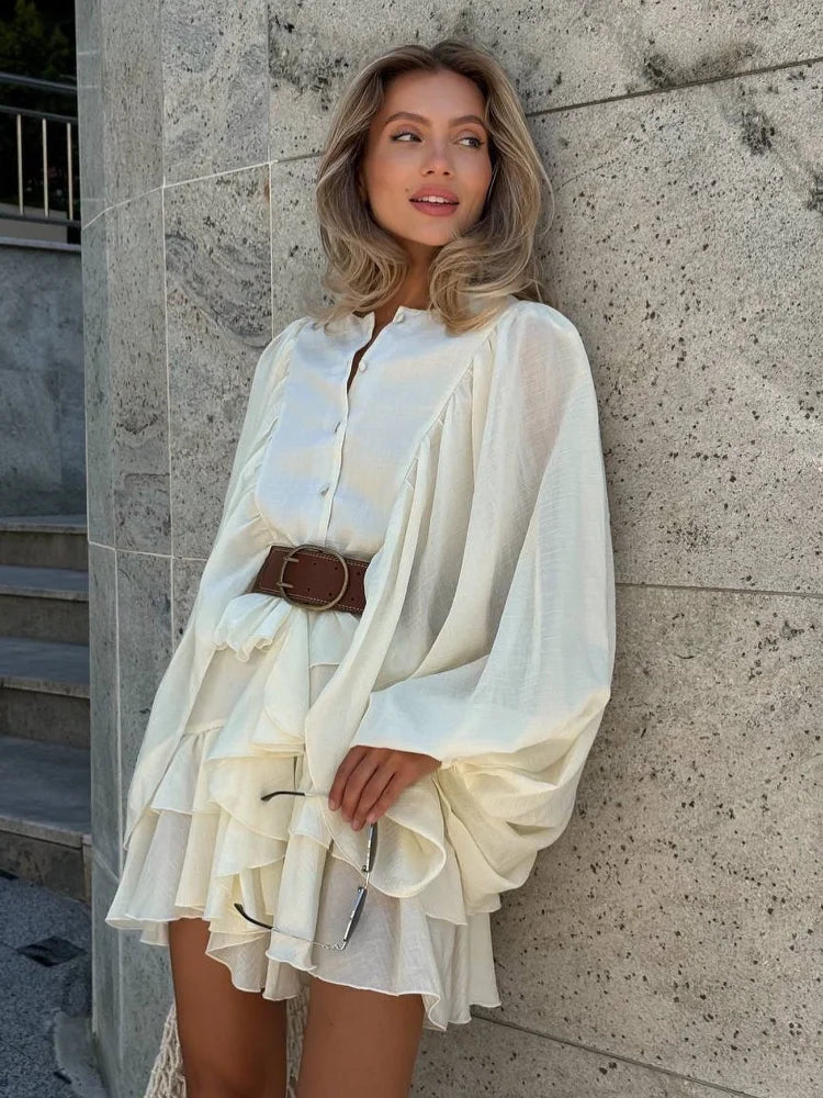 Irregular Ruffled Edge Buttons Lantern Sleeve Dress Women Chic Pleated Chiffon O Neck Mini Gowns Lady High Street Vestidos 2025