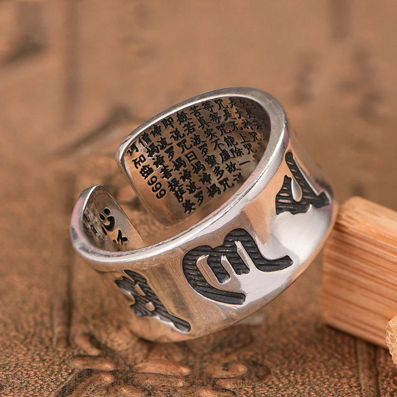 Retro Ancient Silver Plated Buddhist Six Character DAMING Mantra Tibetan Resizable Ring for Men Feng Shui Amulet Protection Ring