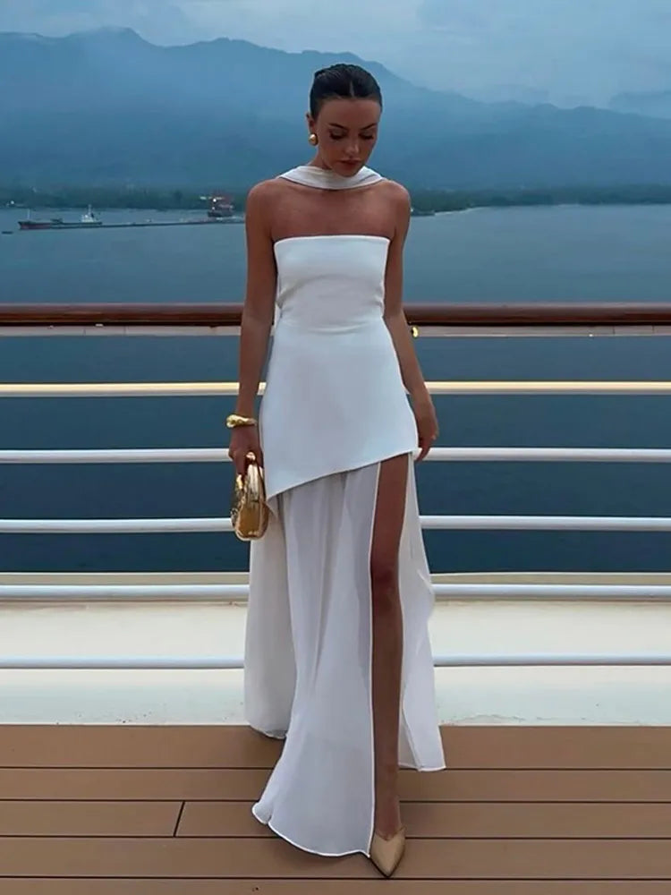 Elegant White Mesh Splicing Slim Women Strapless Dress Chic Scarf Neck Off Shoulder High Waist Long Dresses Lady Party Robes
