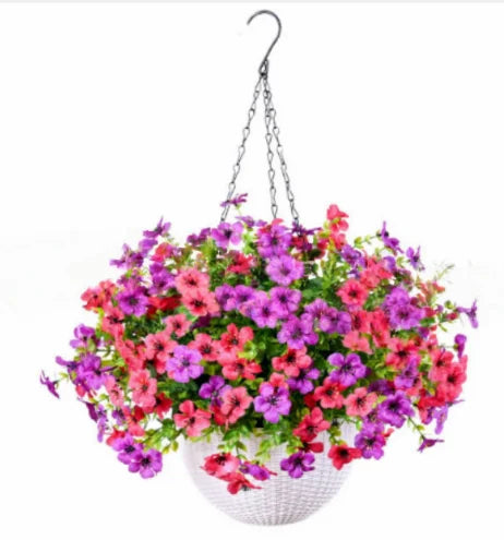 Fake Hanging Flowers With Basket -Artificial Flowers, Outdoor/Indoor Patio Lawn Decor, Artificial Hanging Plants For Wall, , Roo