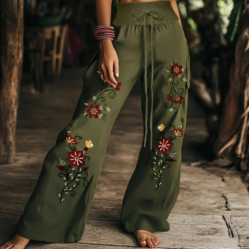 Autumn Fashion Casual Temperament Comfortable and Elegant Plant Print Women's Elastic Waist Pants